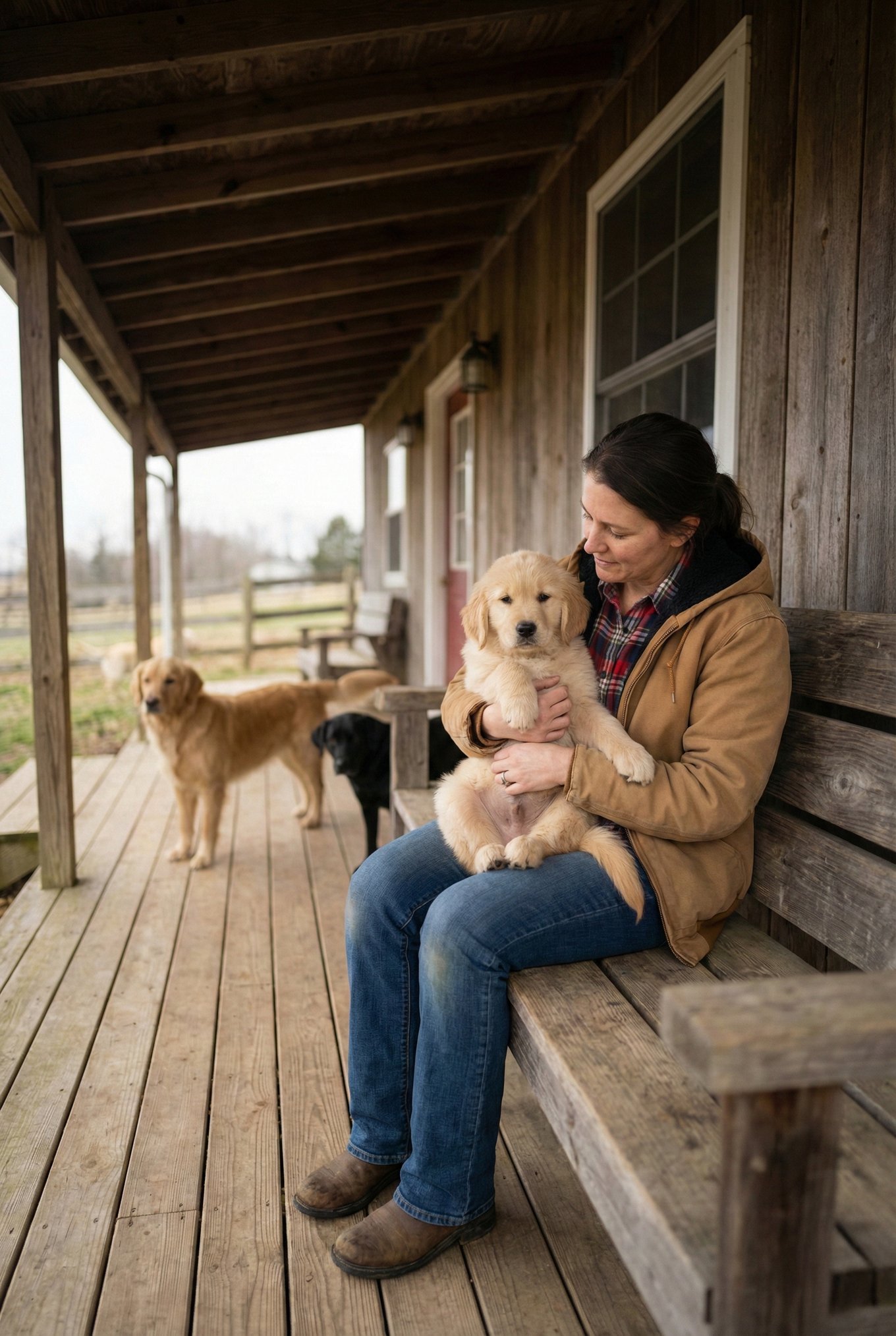 Woman sitting on a porch holding a puppy